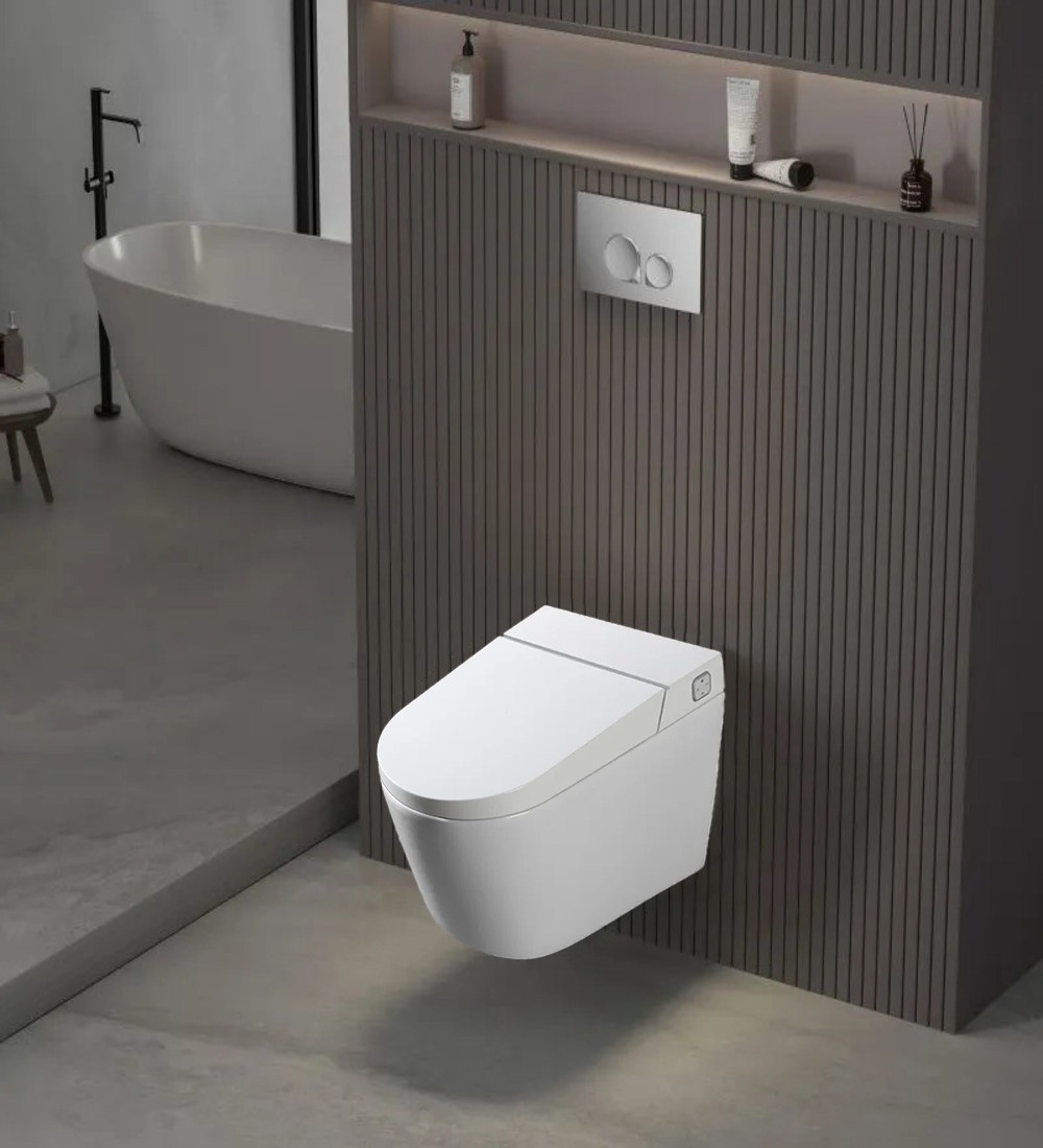 Inodoro suspendido inteligente blanco con bastidor